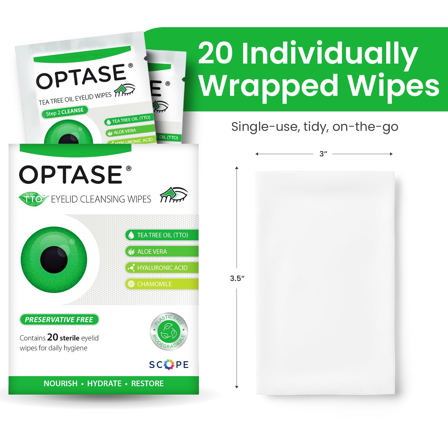 Optase product label and ingredients list highlighting preservative-free formula benefit transparency