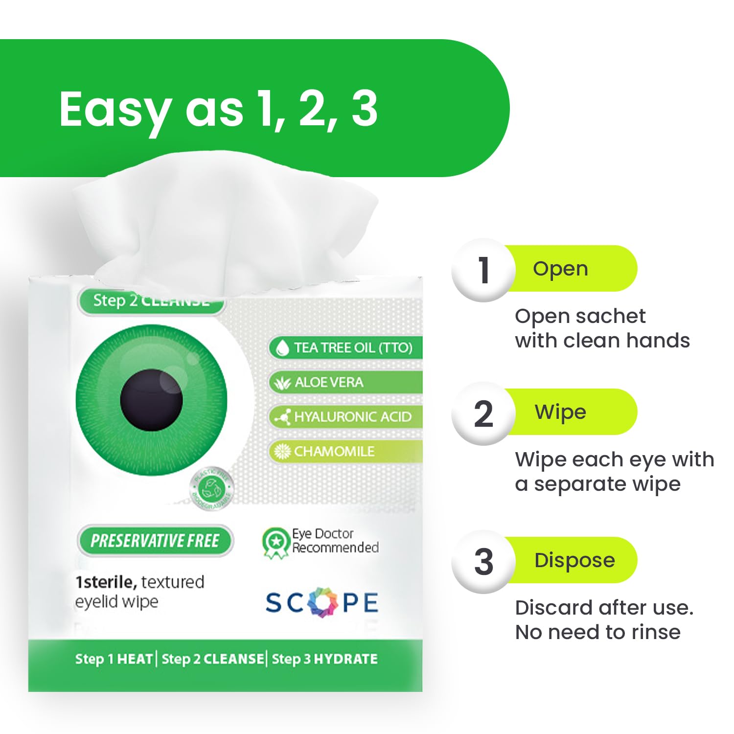 Optase wipes next to a hand for scale indicating compact travel-friendly size benefit easy carry