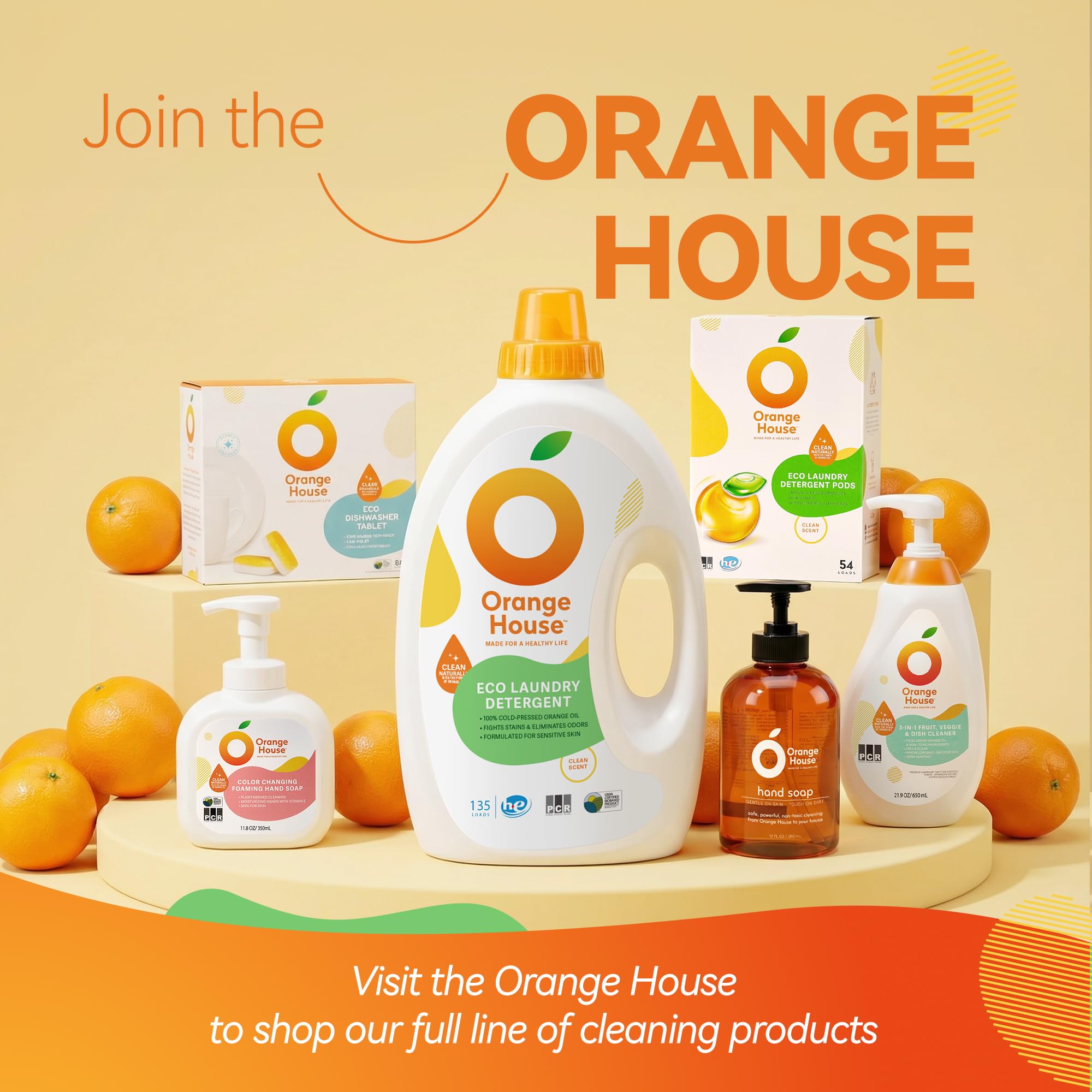 ORANGE HOUSE label showing ingredients and eco-friendly certifications