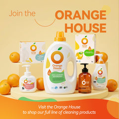 ORANGE HOUSE label showing ingredients and eco-friendly certifications