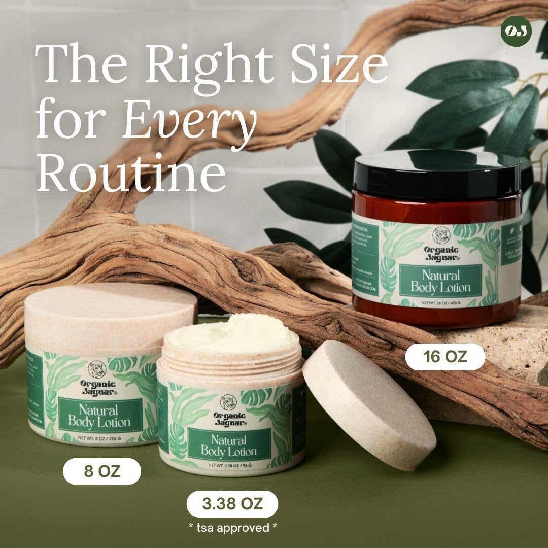 Organic Jaguar lotion on bathroom shelf conveying sustainable packaging benefits