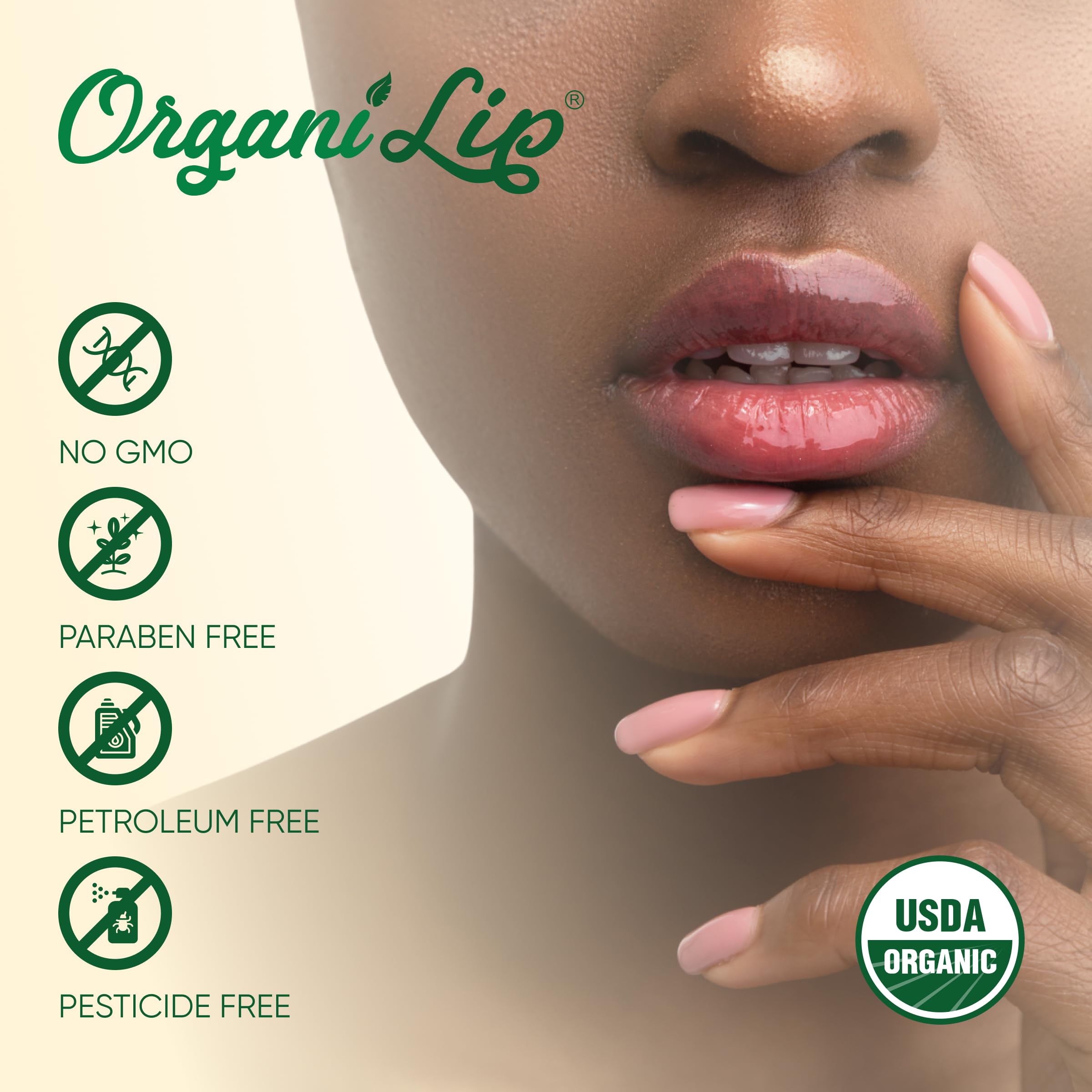 OrganiLip application on lips displaying non-greasy finish and comfort benefit