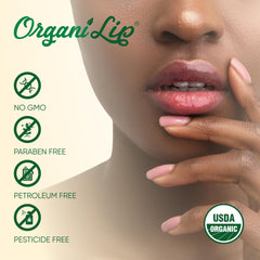 OrganiLip application on lips displaying non-greasy finish and comfort benefit