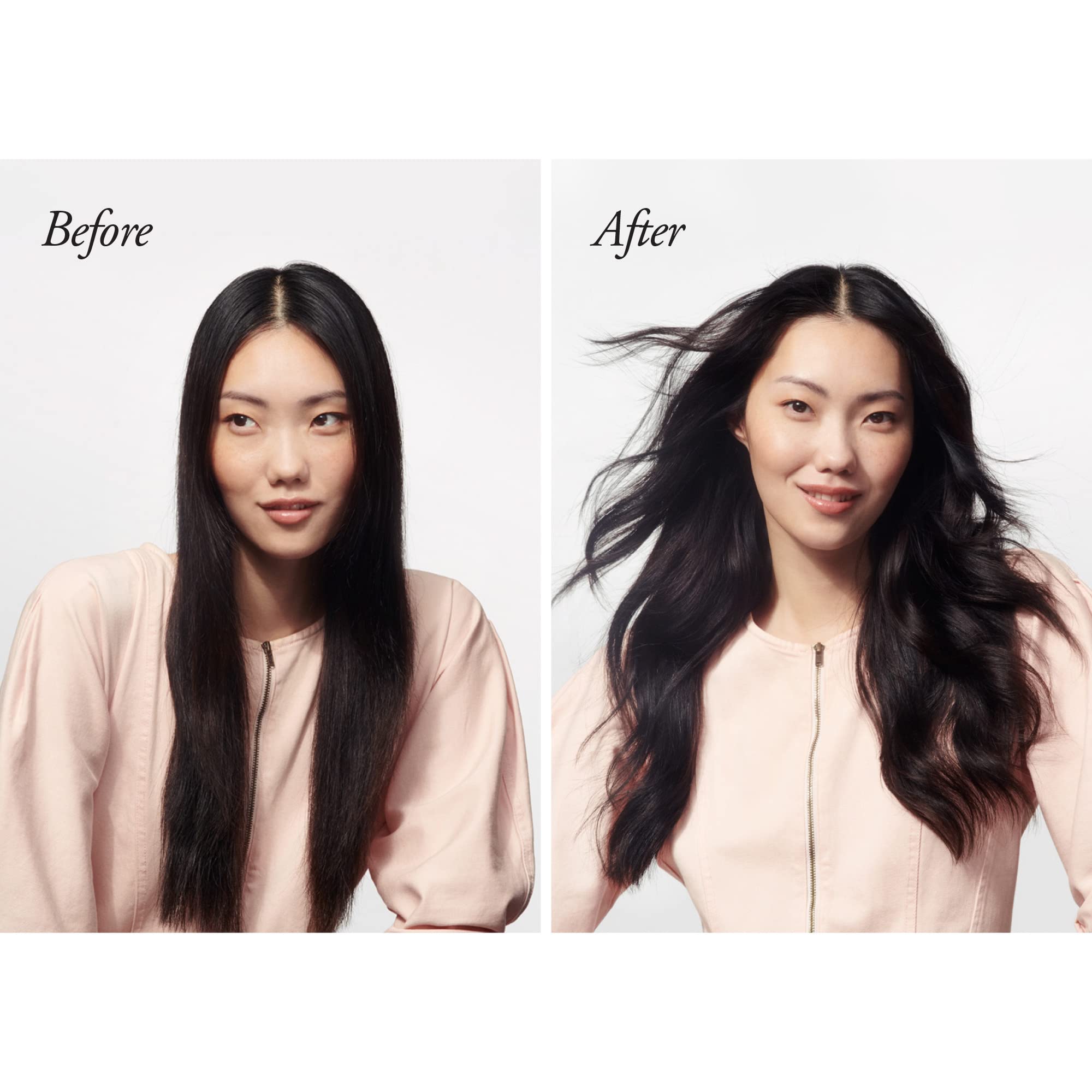 Oribe before and after frizz control showing smoother hair instantly