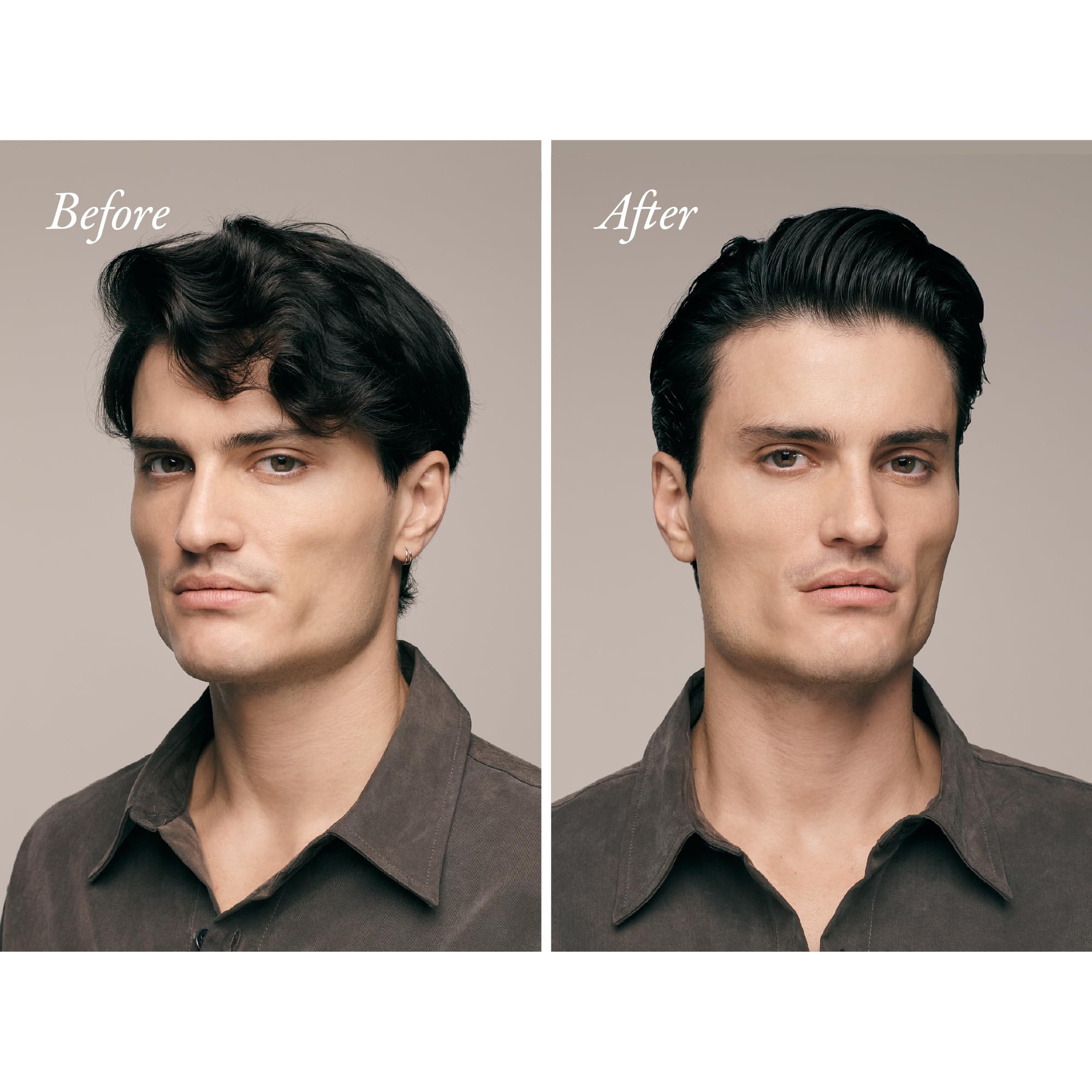 Model applying Oribe serum to hair for controlled shine and frizz control