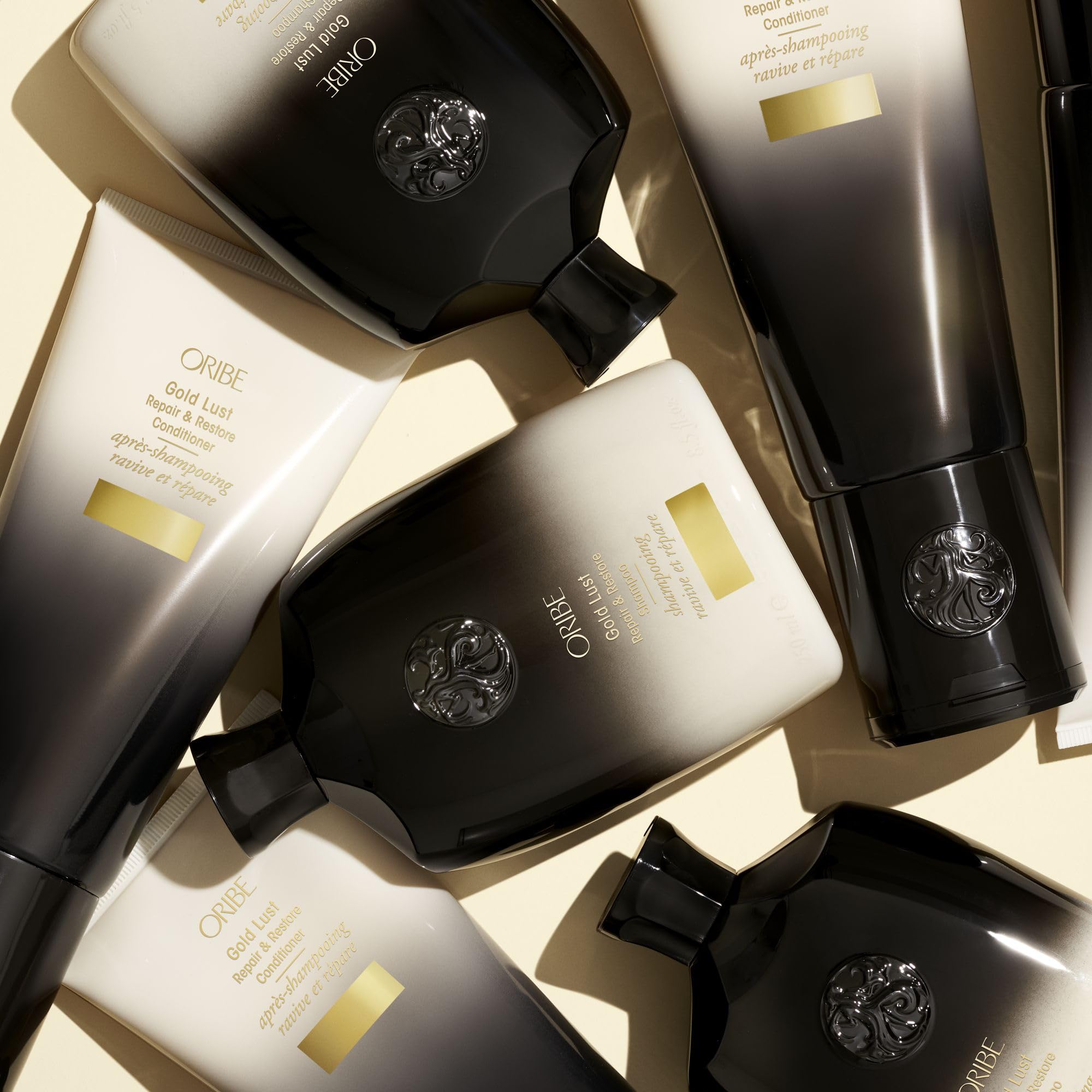 Oribe Gold Lust before and after hair image showing improved shine