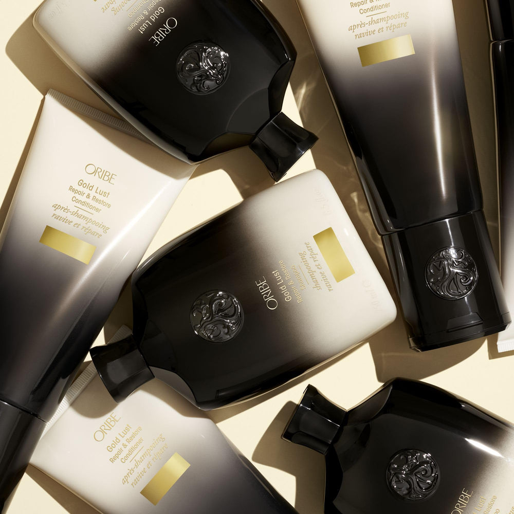 Oribe Gold Lust before and after hair image showing improved shine