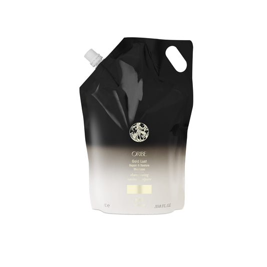 Oribe Gold Lust liter refill pouch front showing label and benefit