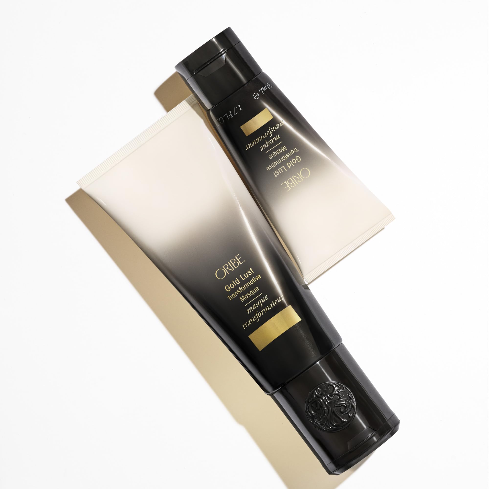 Oribe Gold Lust Mask label and logo detail conveying luxury brand quality