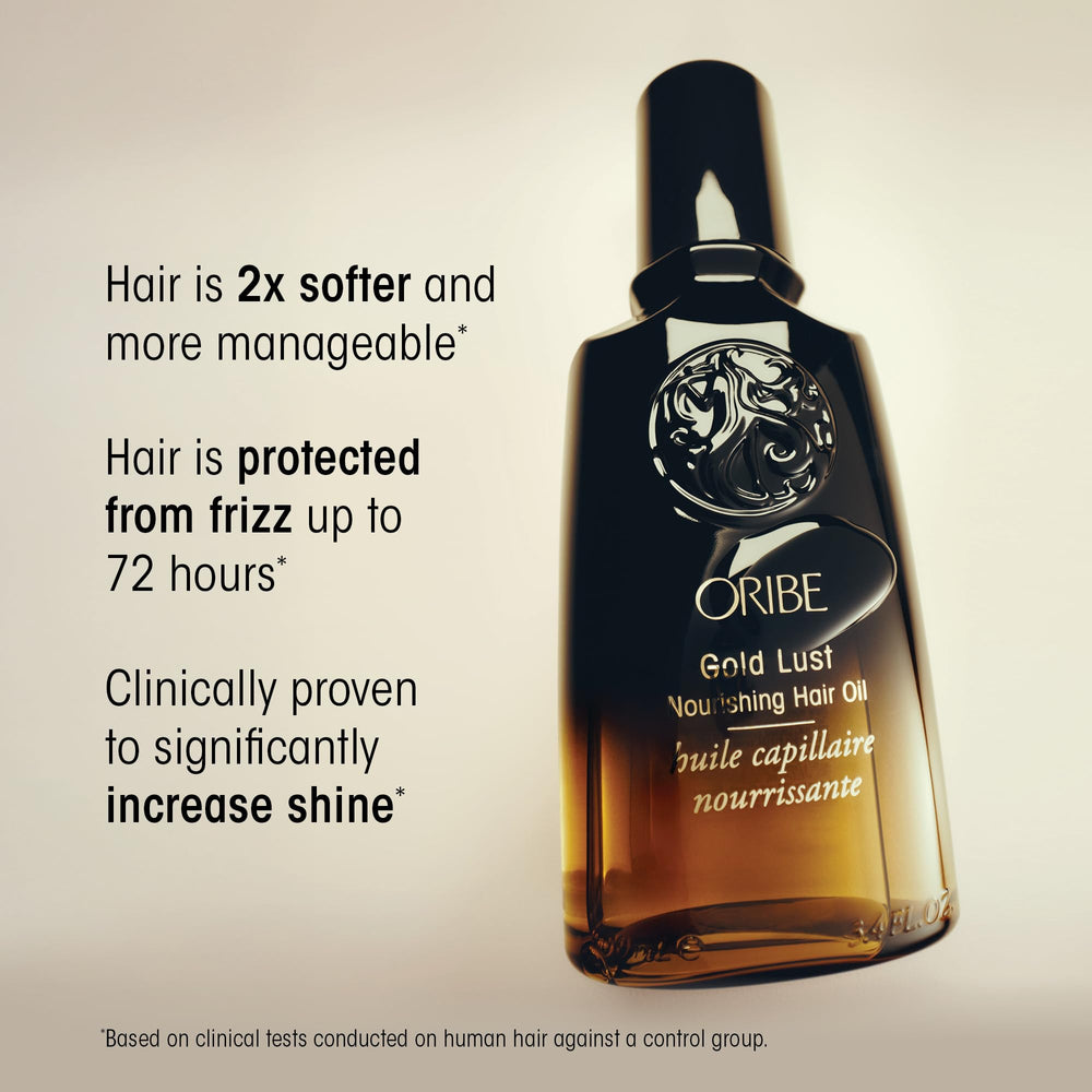Oribe Gold Lust Oil next to a ruler showing 3.4oz scale for portion clarity