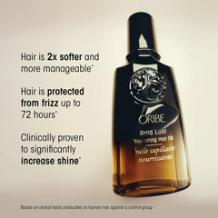 Oribe Gold Lust Oil next to a ruler showing 3.4oz scale for portion clarity