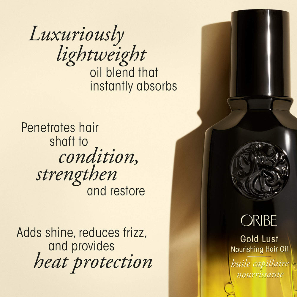 Oribe Gold Lust Oil droplet from pump demonstrating controlled dispensing and nourishment