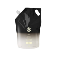 Oribe liter refill pouch front showing product and sustainable benefit