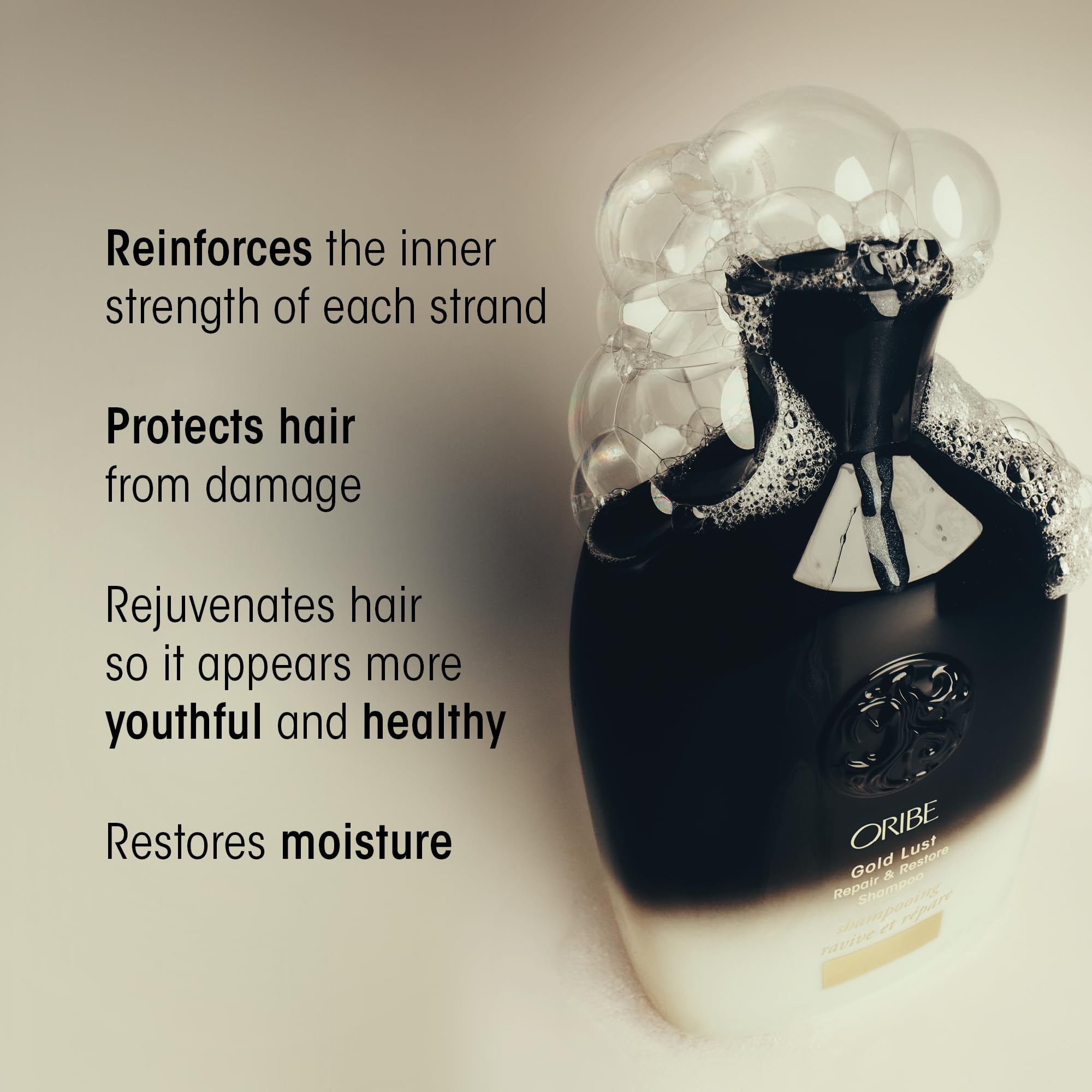Oribe Gold Lust shampoo pump close-up highlighting easy dispensing and salon convenience