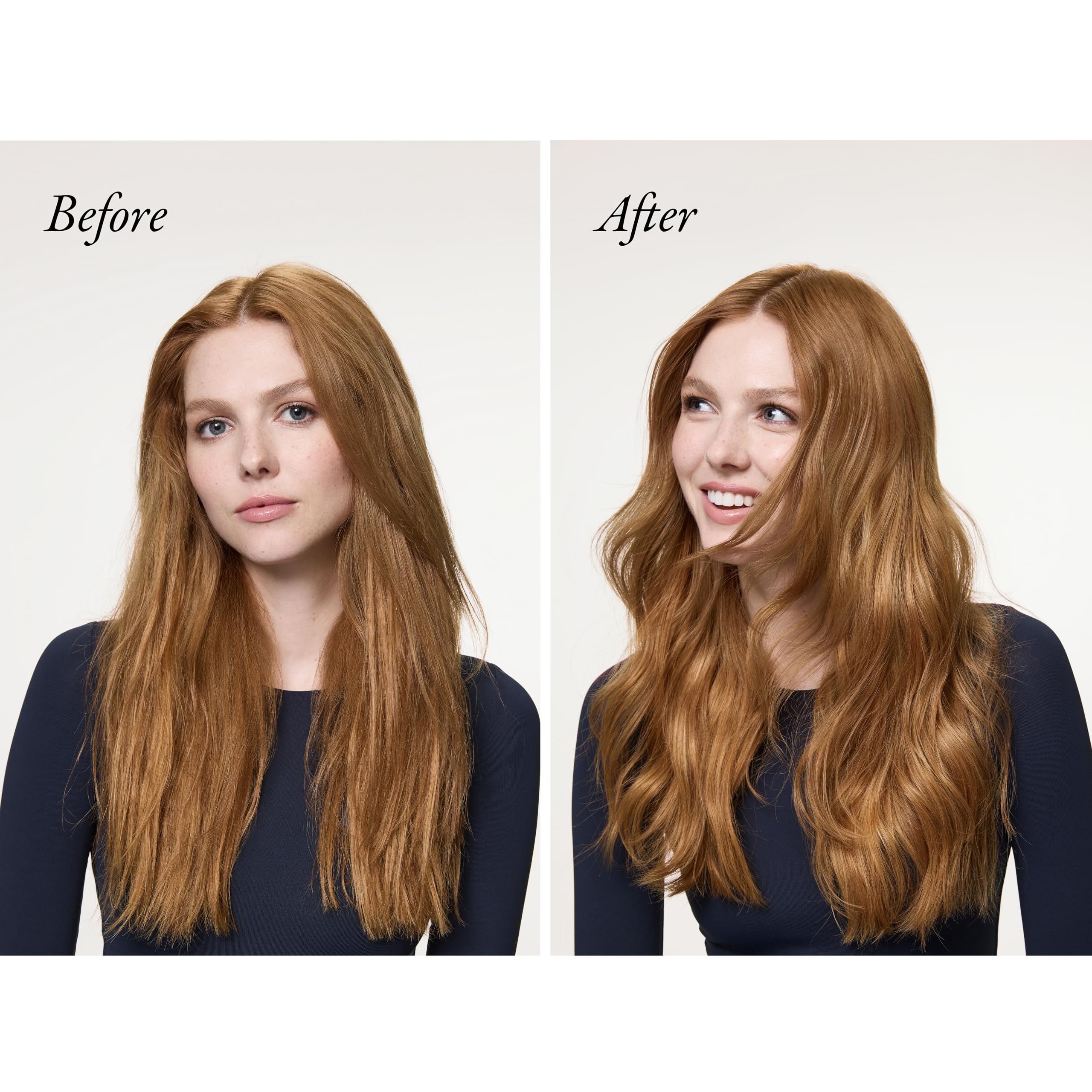 ORIBE before-and-after hair comparison showing increased shine and smoothness benefit