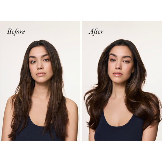 ORIBE pump dispensed serum on finger highlighting controlled application benefit