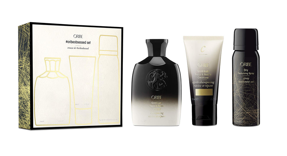 ORIBE Obsessed Set front packaging showing travel trio and luxury branding benefit convenience