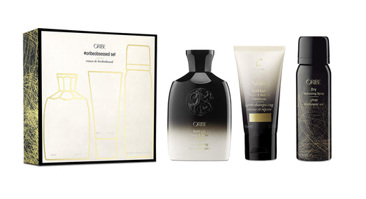 ORIBE Obsessed Set front packaging showing travel trio and luxury branding benefit convenience