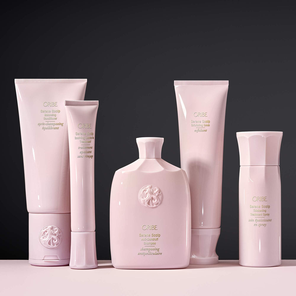 Oribe shampoo in shower setting showing calm, flake-free scalp
