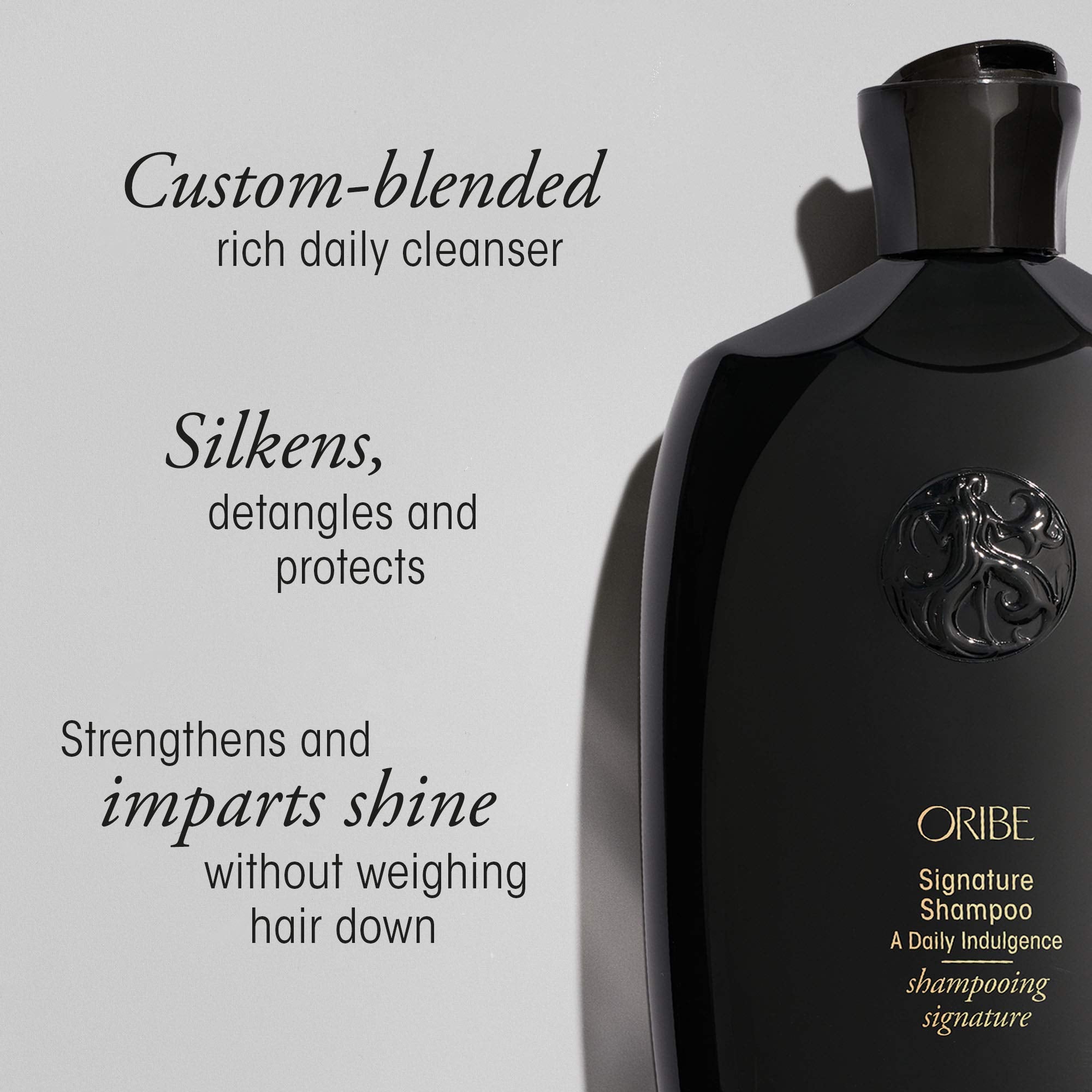Oribe signature shampoo next to a ruler showing 8.5 oz size and true scale benefit