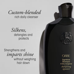 Oribe signature shampoo next to a ruler showing 8.5 oz size and true scale benefit