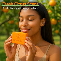 ORIENTLEAF soap bars beside bathroom items showing travel-friendly size and scale