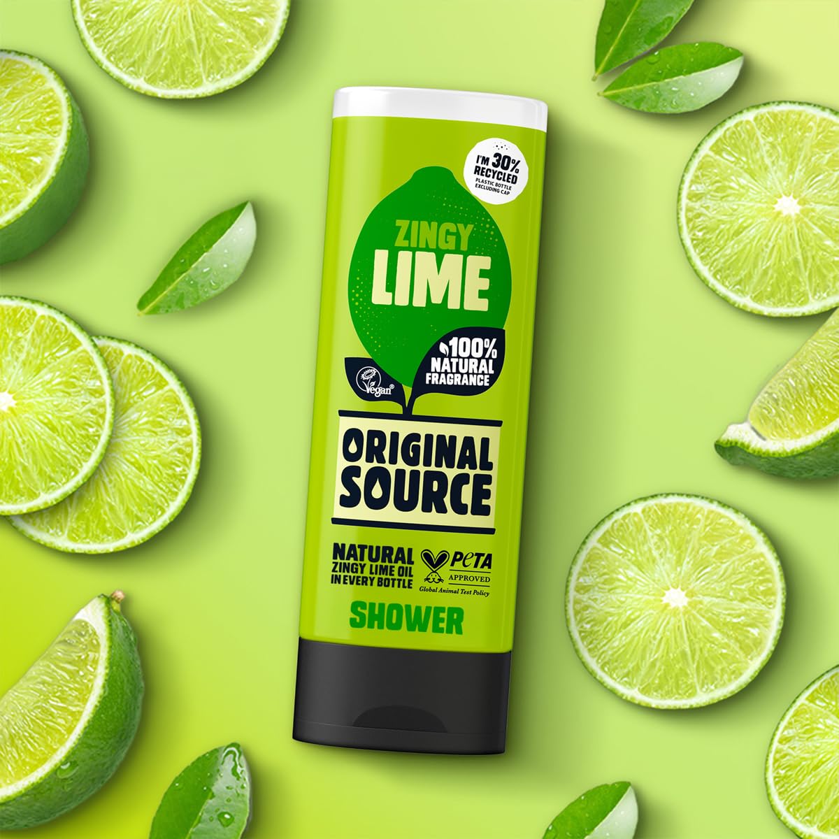 Original Source lime gel lather on hand showing light foam benefit: gentle cleansing effect