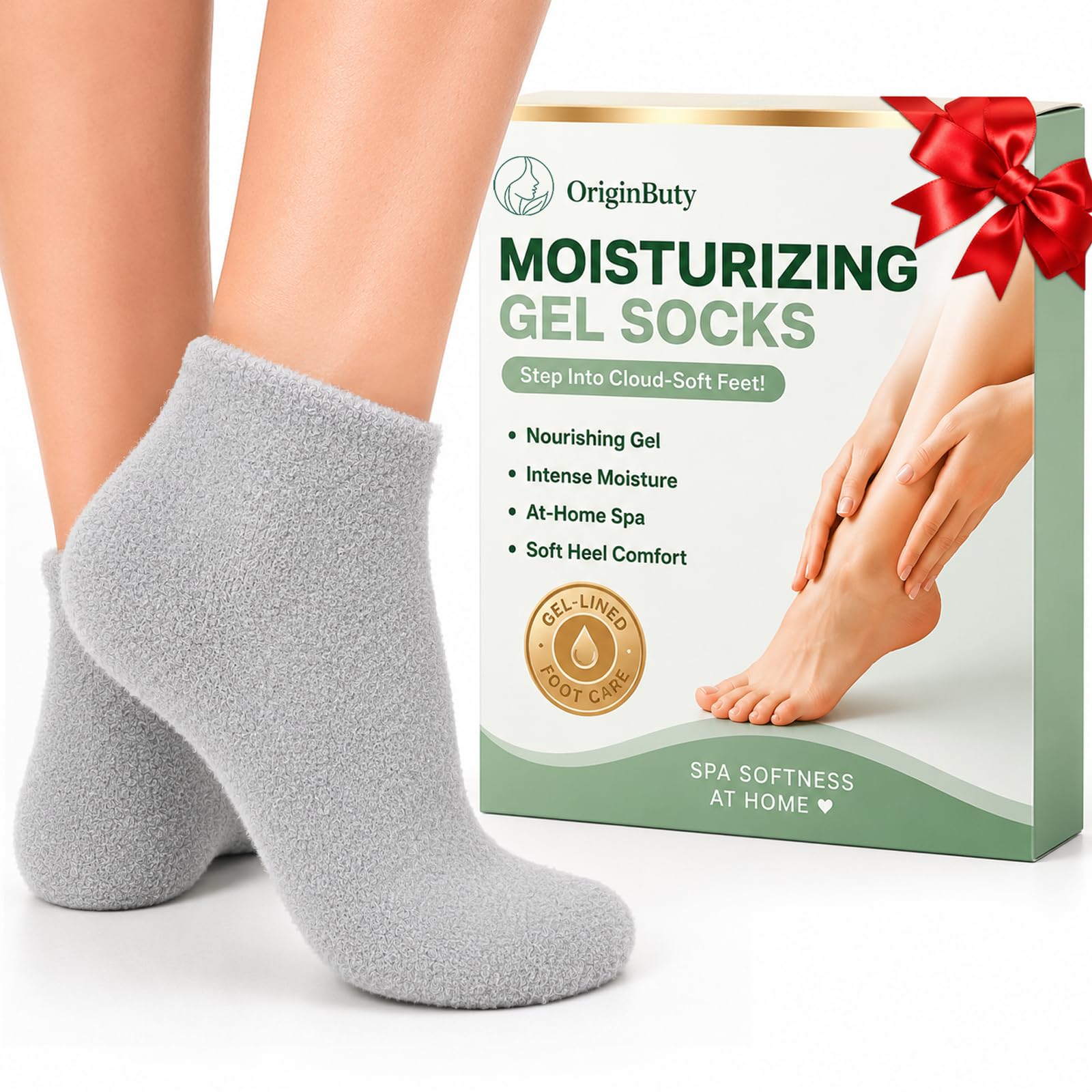 Originbuty front packaging showing gel socks and benefits