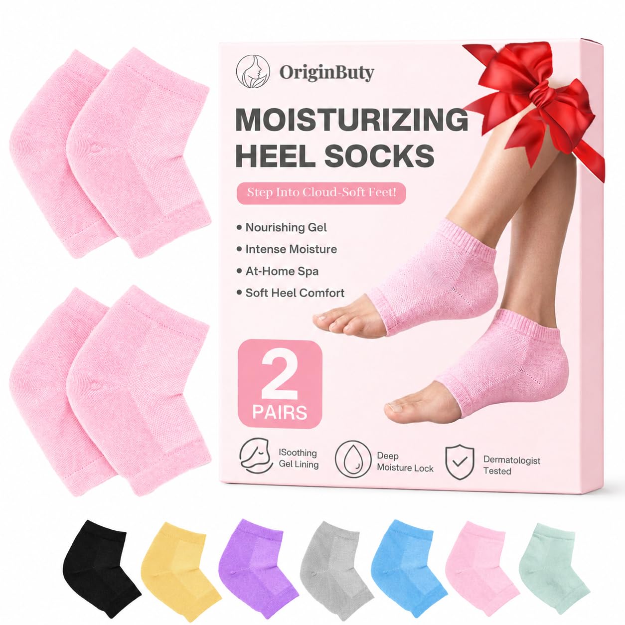 Originbuty front packaging showing two pink pairs and benefits