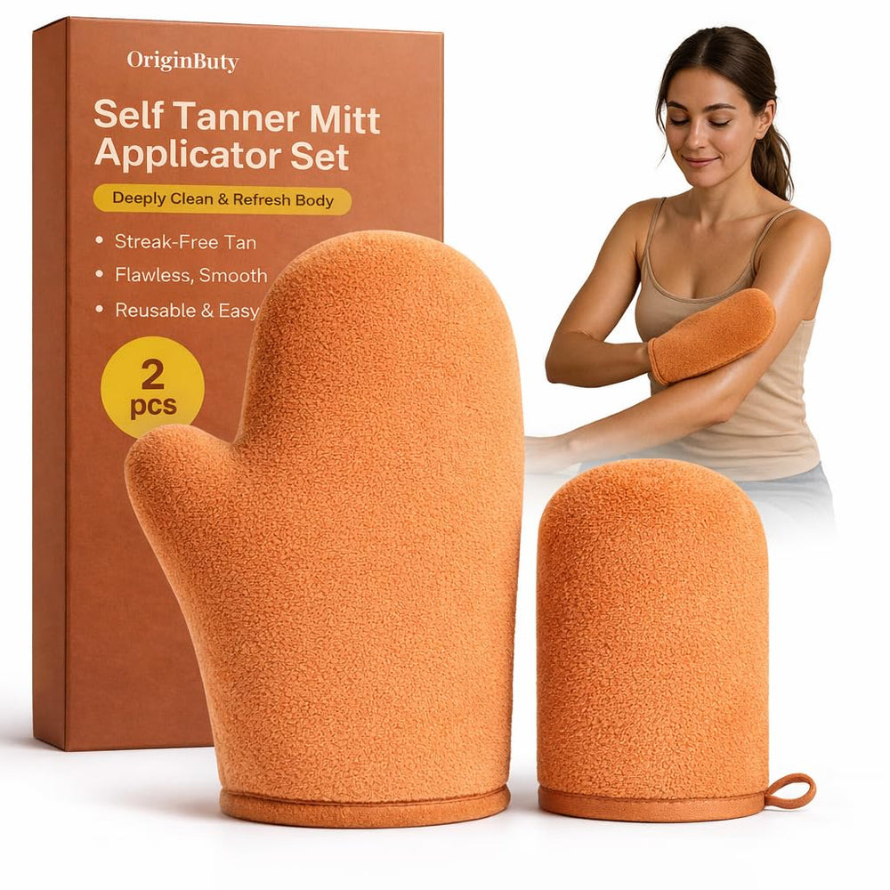 Originbuty front view of mitts showing clean reusable applicators and benefit of mess-free tanning