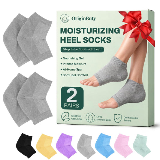 Originbuty front view of gray gel heel socks showing fit and coverage, enhances hydration