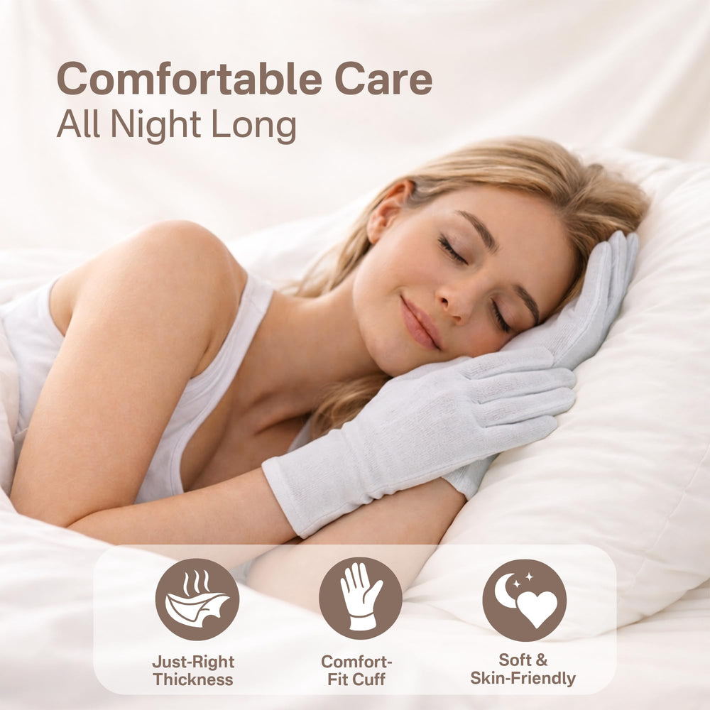Originbuty gloves placed on bedside table suggesting overnight use