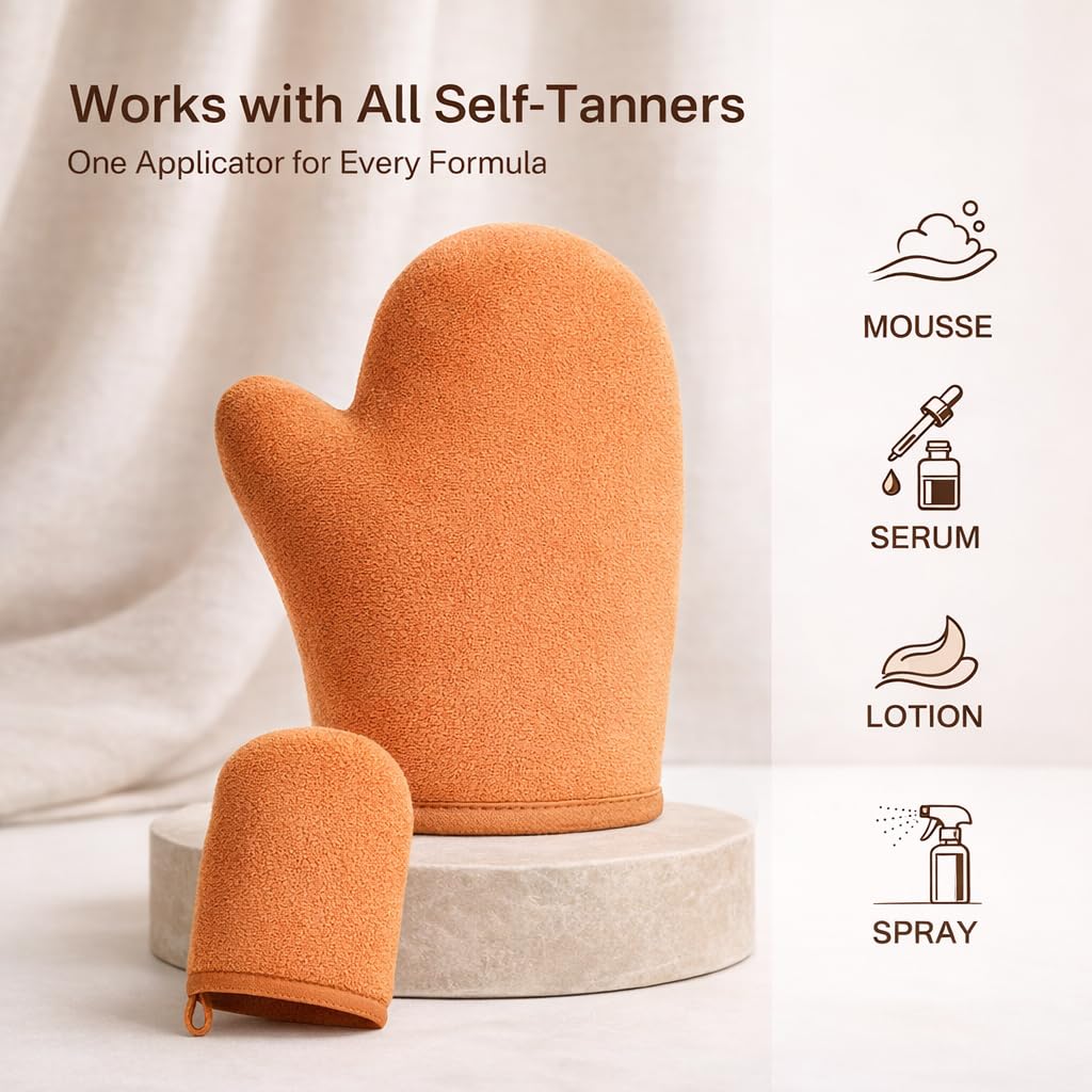 Originbuty mitts on vanity near mirror showing salon-quality at-home tanning benefit