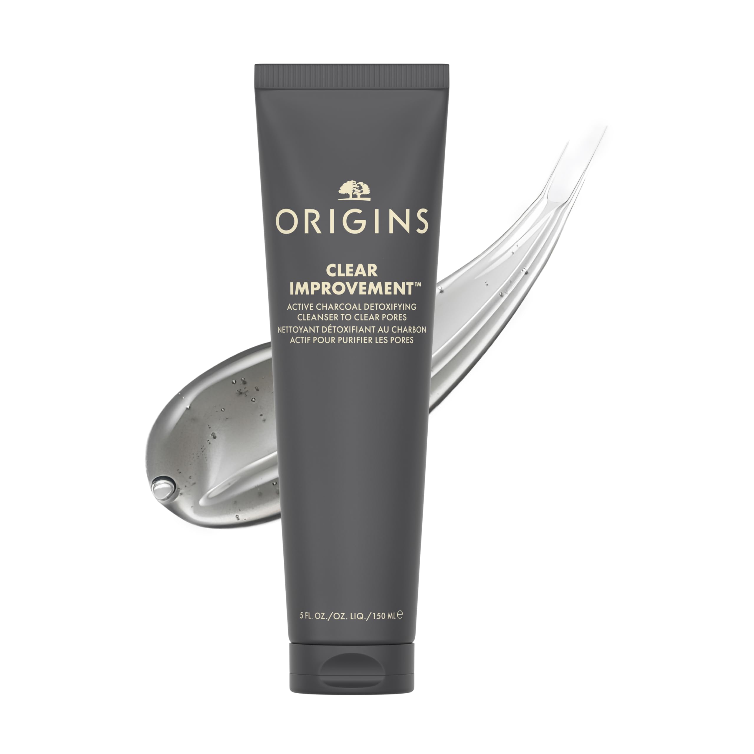 Origins front packaging showing bottle and label for quick identification and benefit