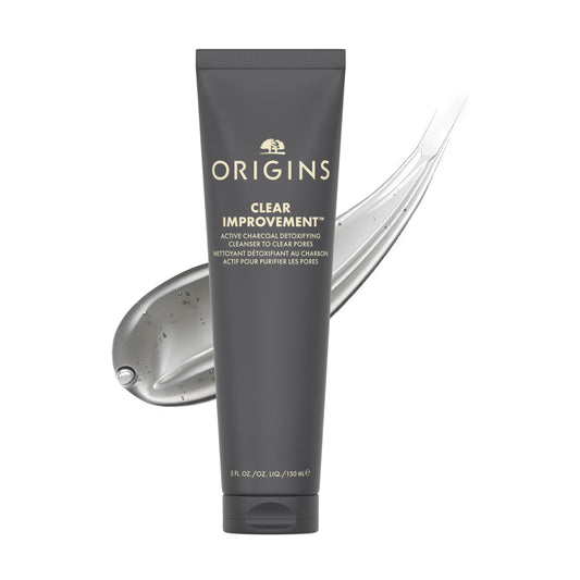 Origins front packaging showing bottle and label for quick identification and benefit