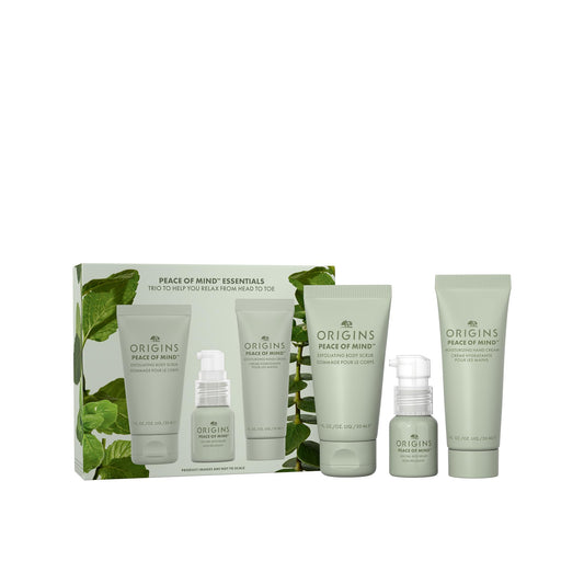 origins front packaging set showing three travel skincare items and calm benefit