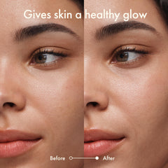 Origins GinZing before and after split demonstrating subtle coverage and radiant look benefit