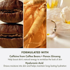 Origins GinZing ingredients flatlay with ginseng and coffee for radiance