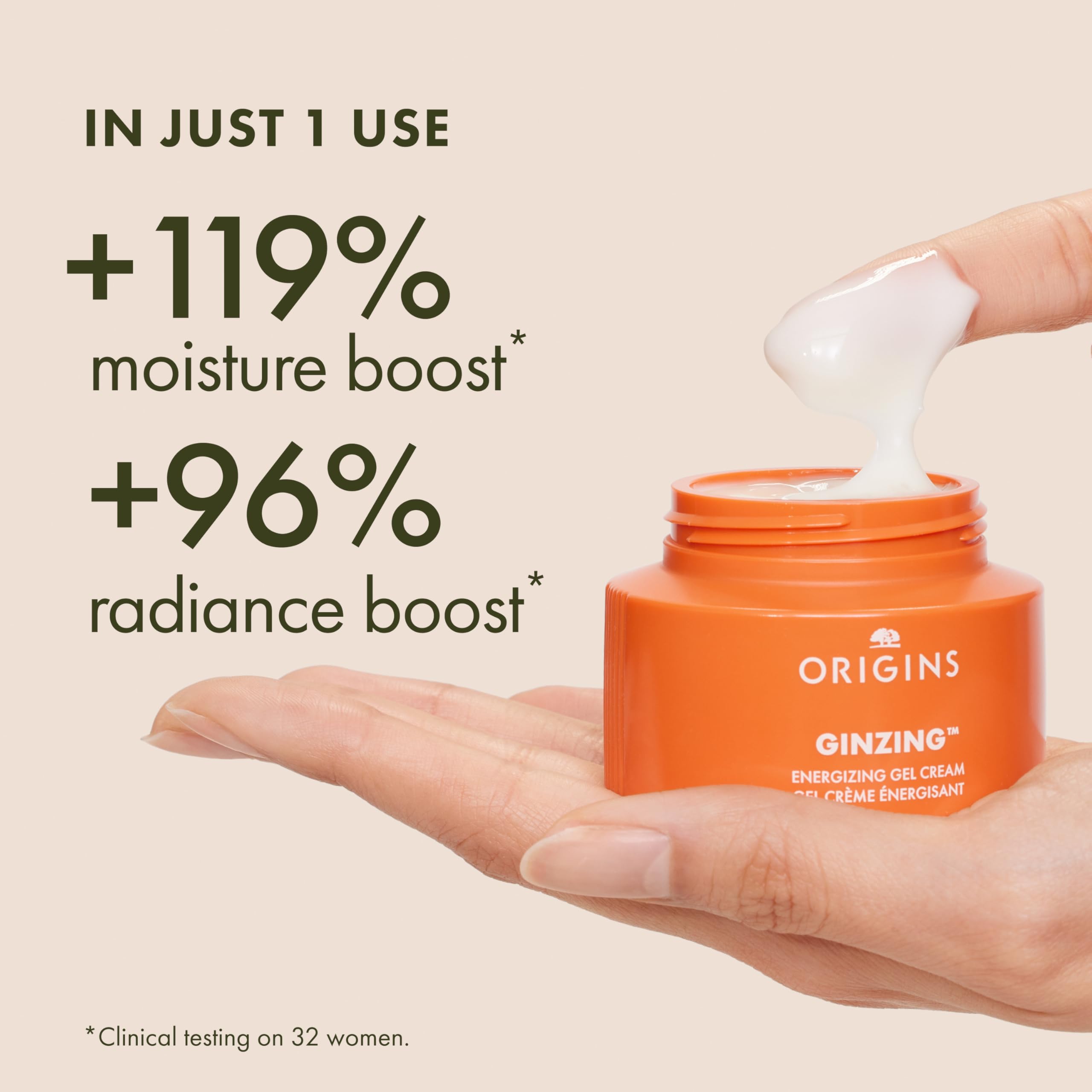 Origins GinZing open jar label showing ingredients and fast absorption benefit