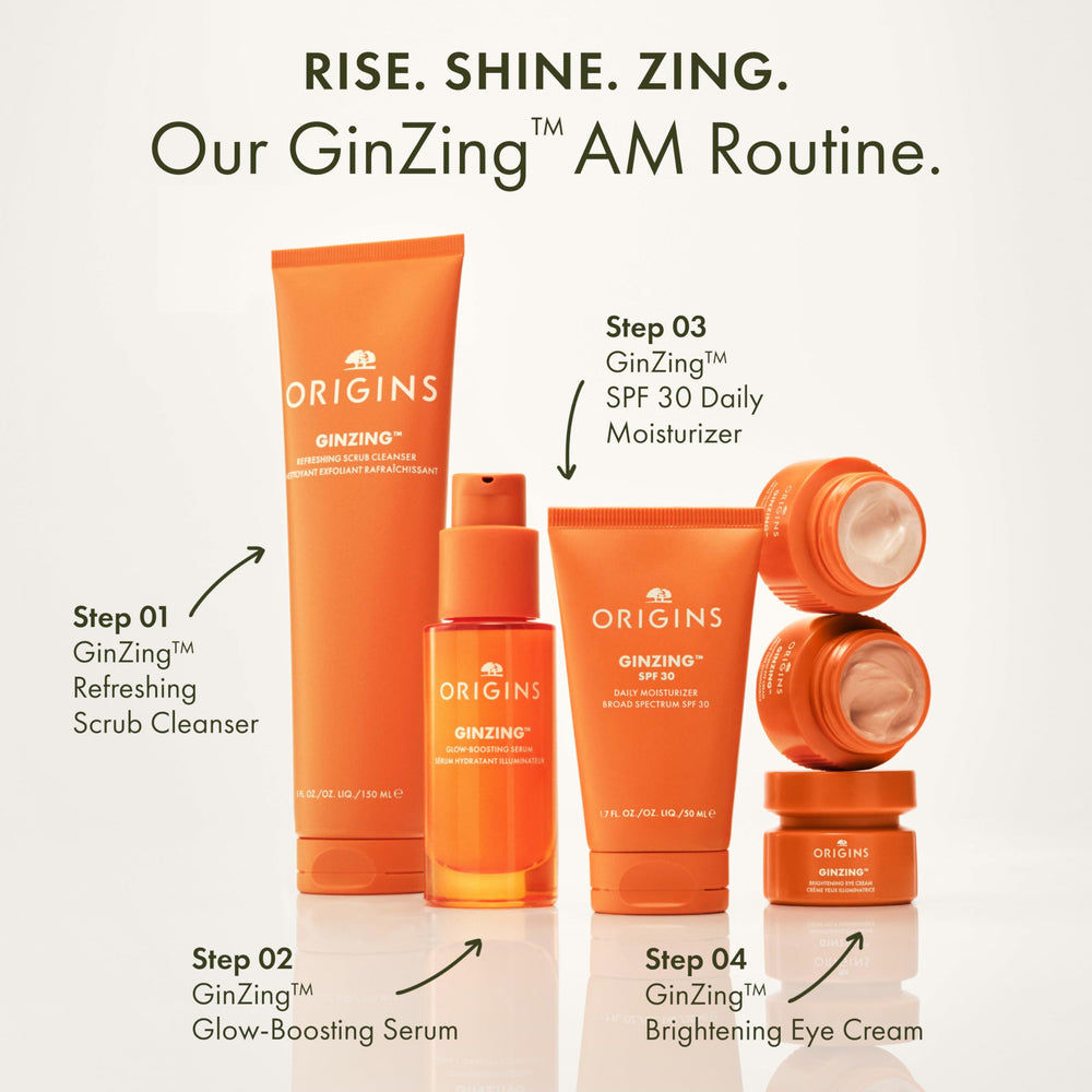 Origins GinZing tapped along cheekbone to show illuminating highlight effect