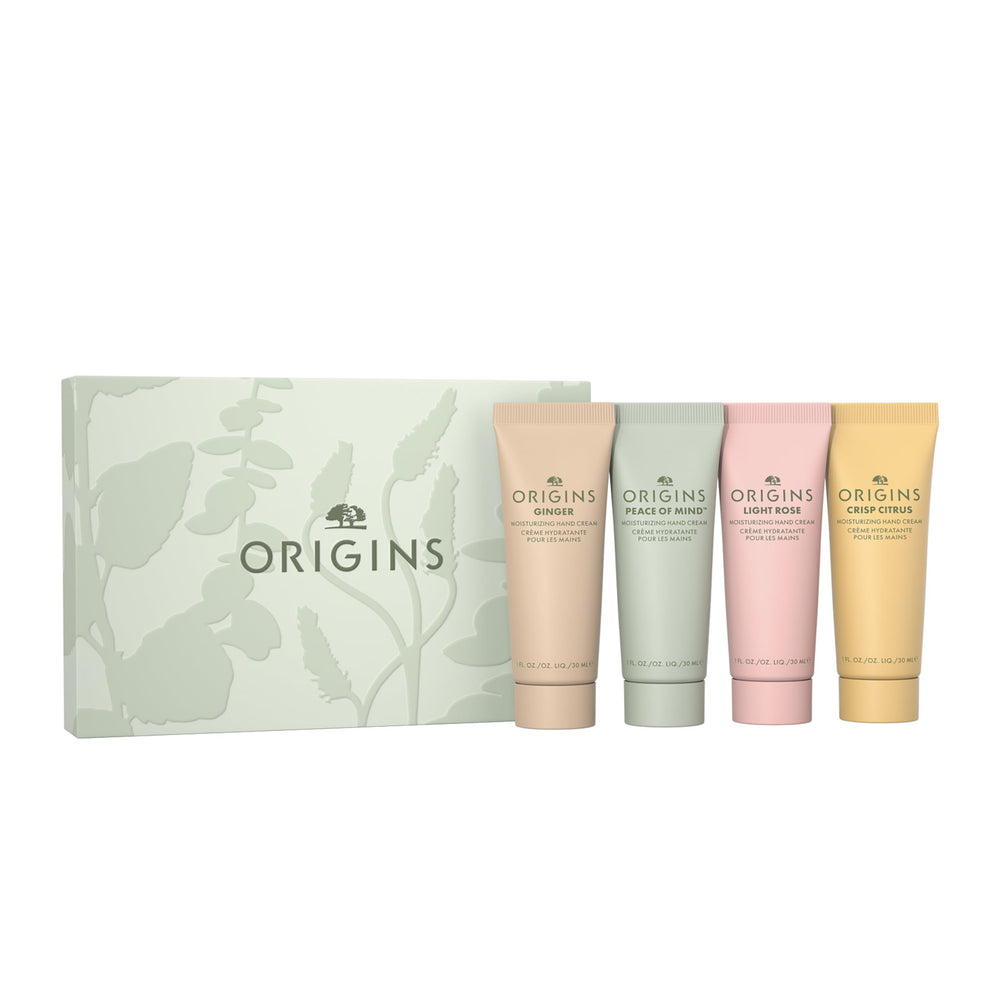 Origins front packaging display showing the four travel hand creams for easy gifting