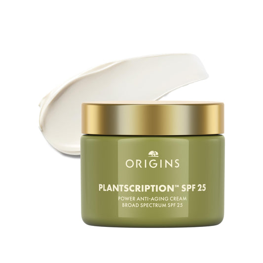 Origins Plantscription front packaging showing jar and brand benefit