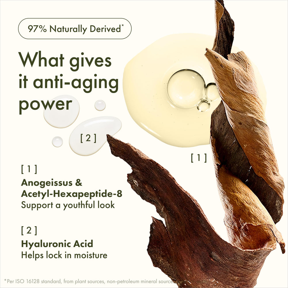 Origins Plantscription ingredients label highlighting peptide and hyaluronic acid benefit