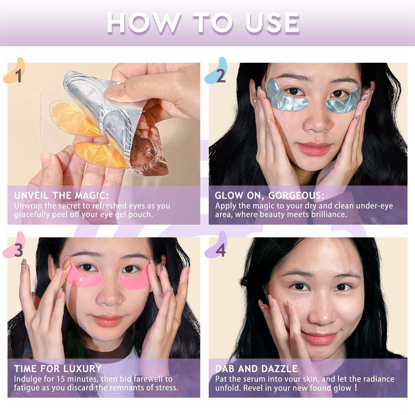 ORLASKIN patch applied under eye model illustrating immediate refresh
