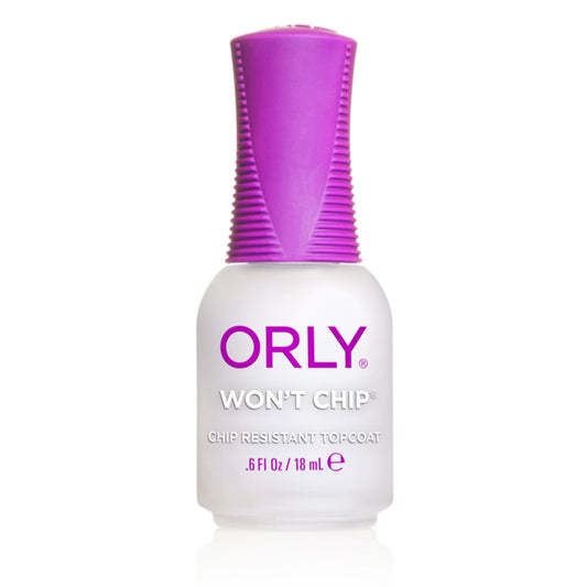 Orly front packaging of Won’t Chip Topcoat showing clear bottle and label for protection