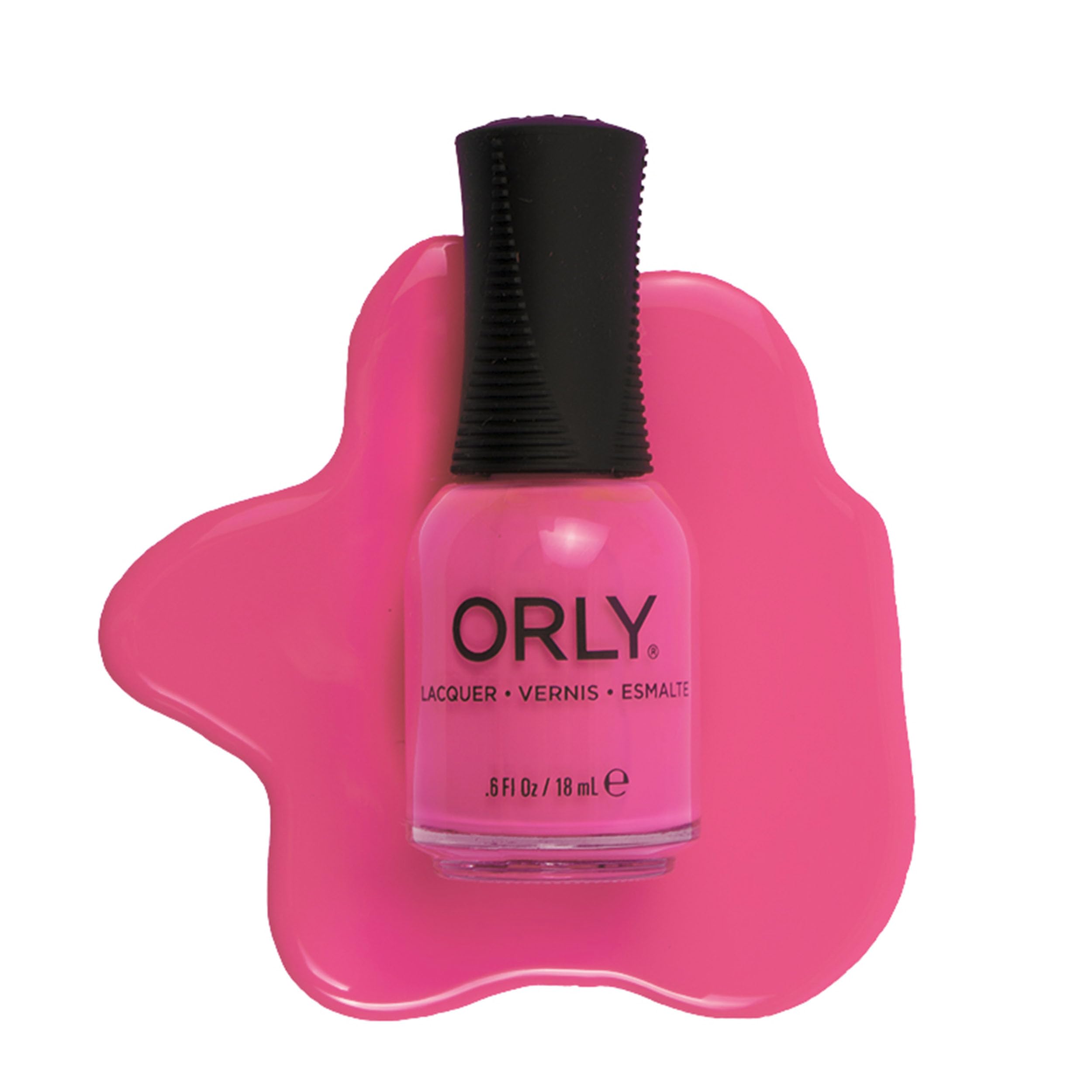 Orly bottle front view showing hot pink shade and clear label, brand offers vibrant color