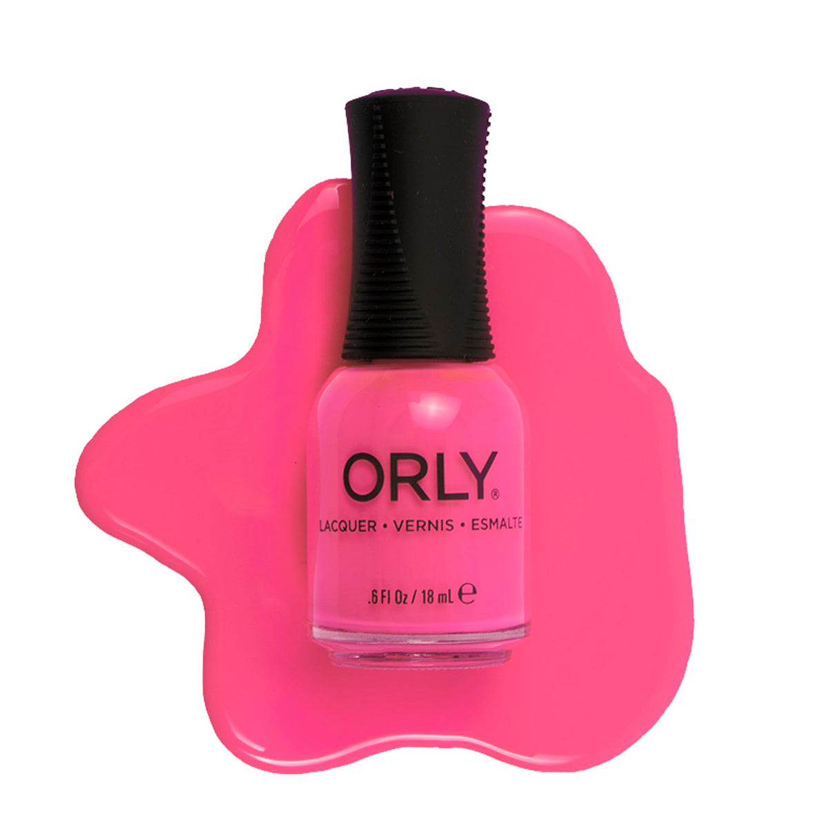 Orly bottle front view showing hot pink shade and clear label, brand offers vibrant color