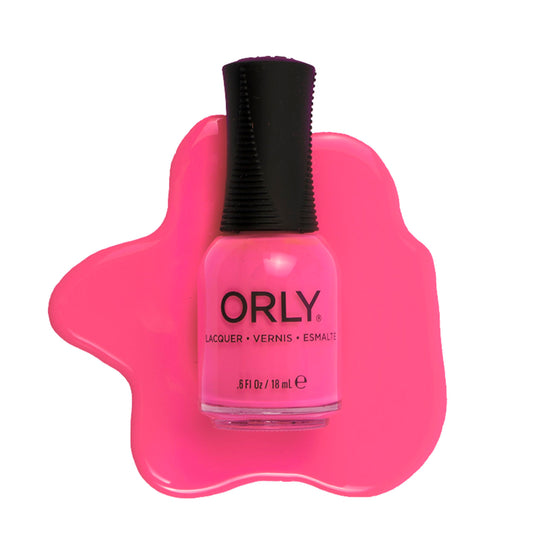 Orly bottle front view showing hot pink shade and clear label, brand offers vibrant color