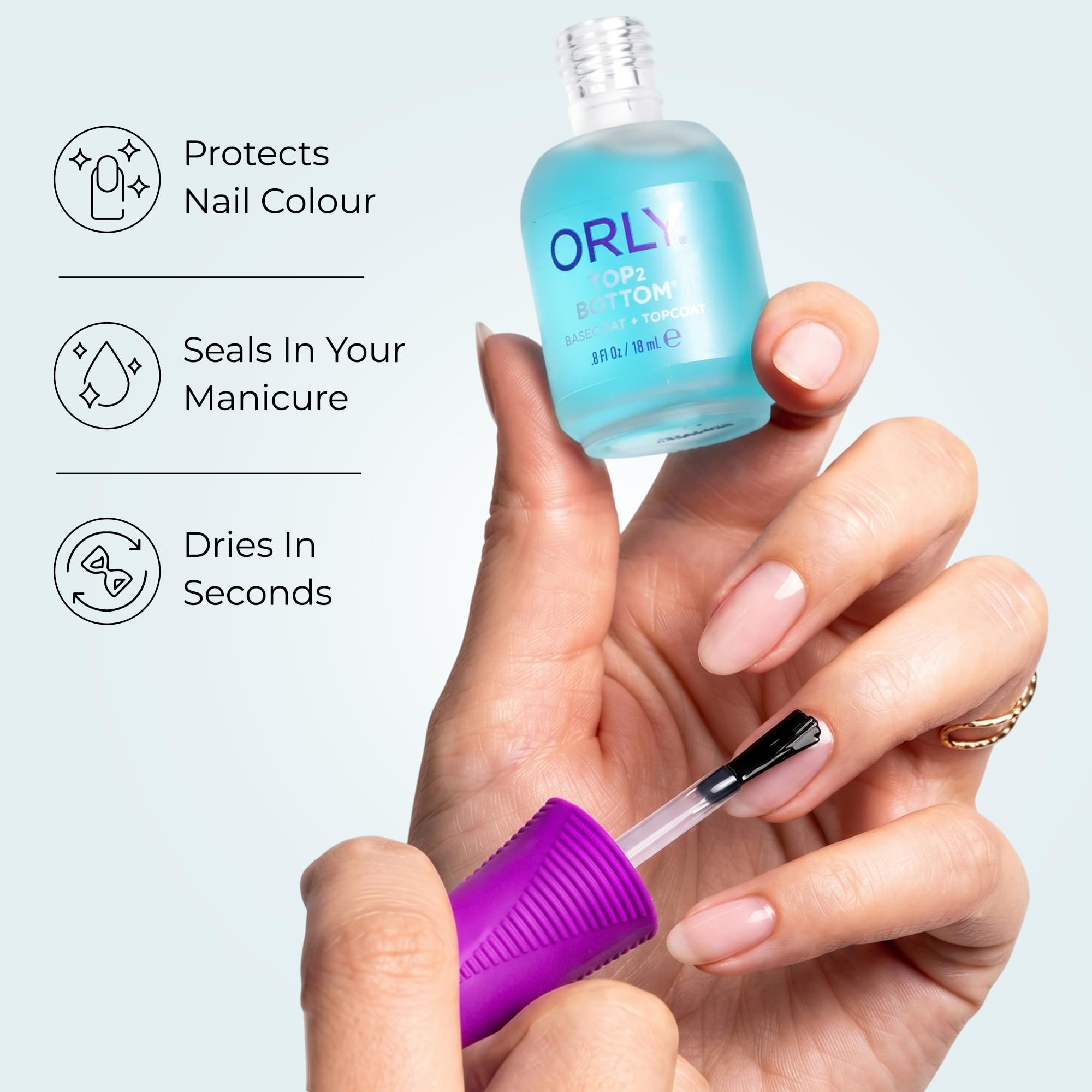 Orly top 2 bottom lifestyle manicure on hands highlighting durable shine and neat edges