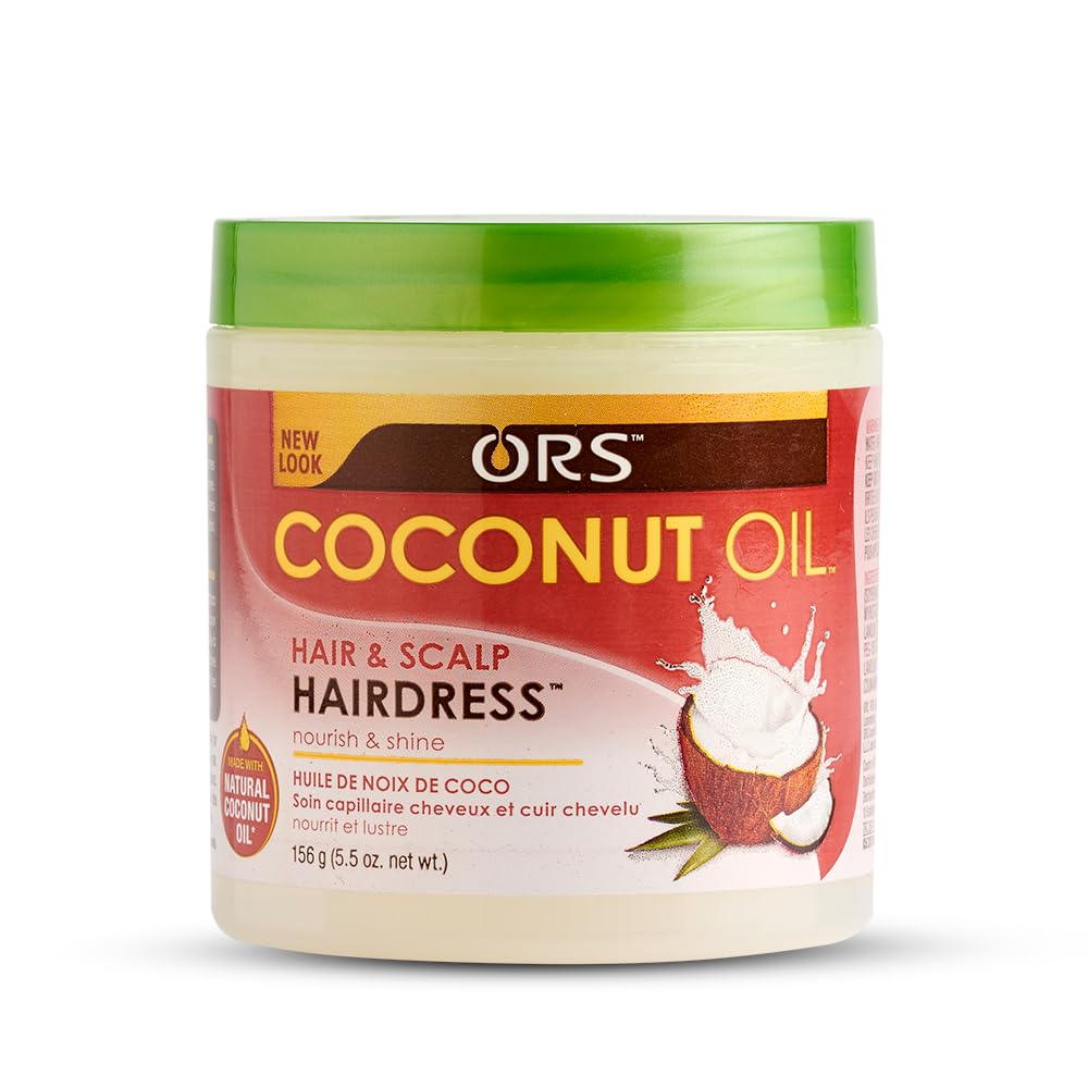 ORS coconut oil hairdress front packaging showing bottle and label for easy identification and benefits